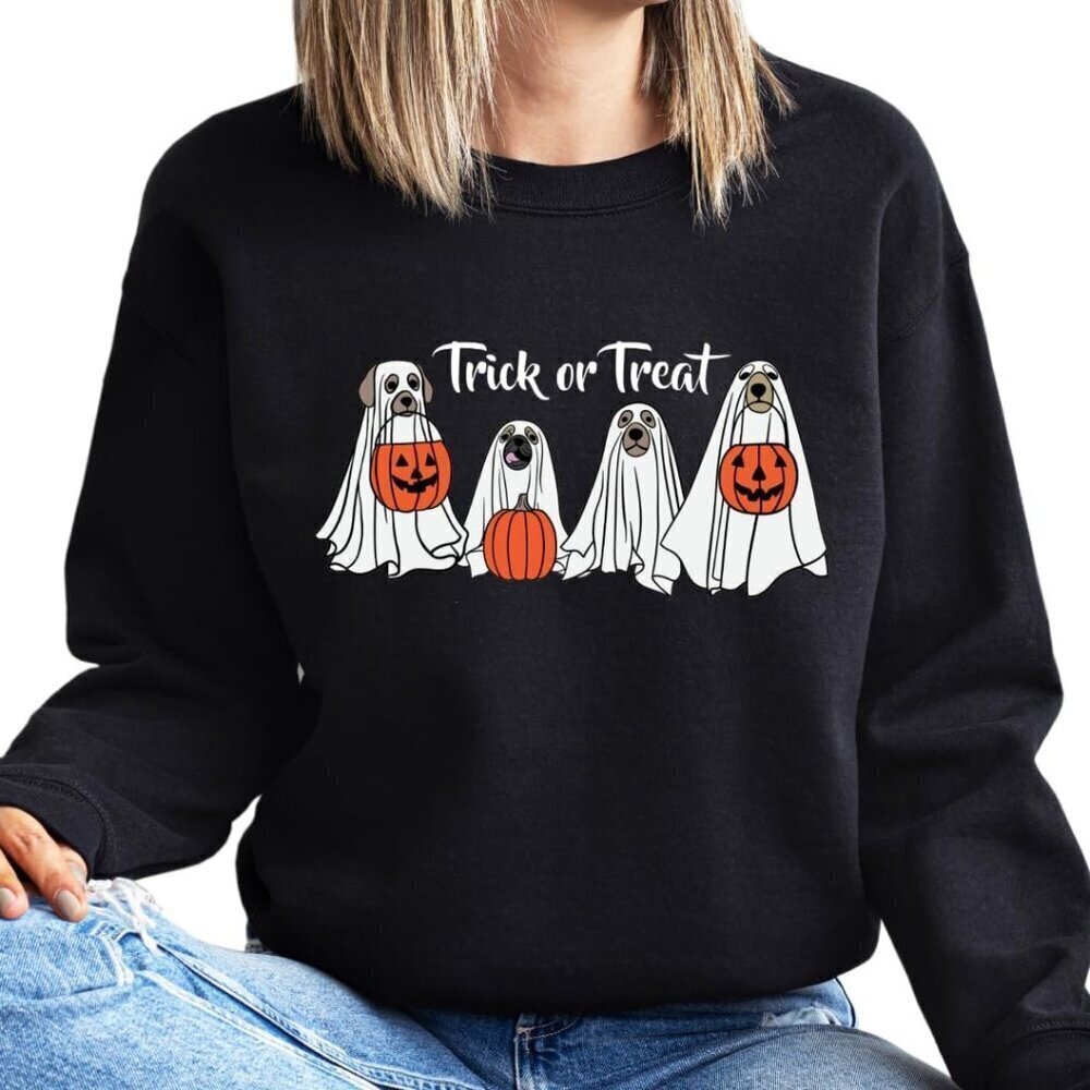 Halloween Trick Or Treat Sweatshirt Funny Ghost Bogey Dog Spooky Season
